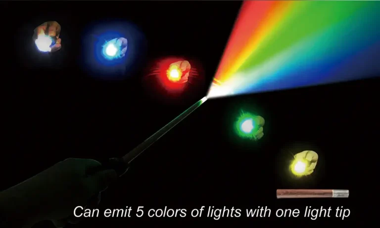 Fire wand tip casting five colors of light, with the light tube below