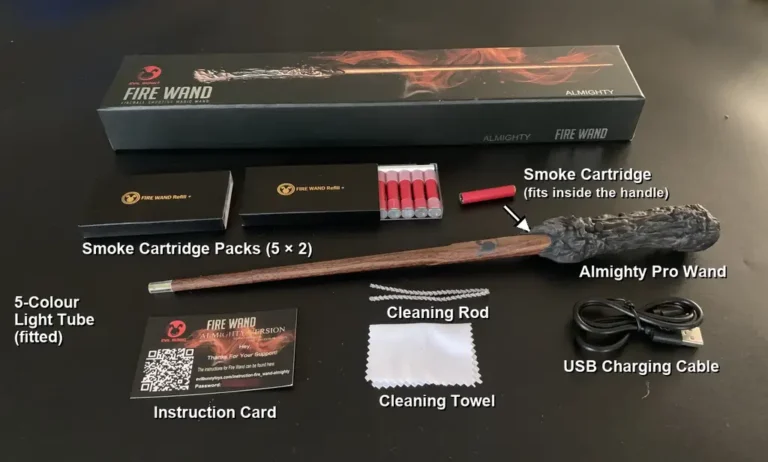 Almighty Wand Combo Set: the Almighty Pro Wand, two smoke cartridge packs, a smoke cartridge that fits inside the handle, cleaning rod, towel, USB cable and instruction card