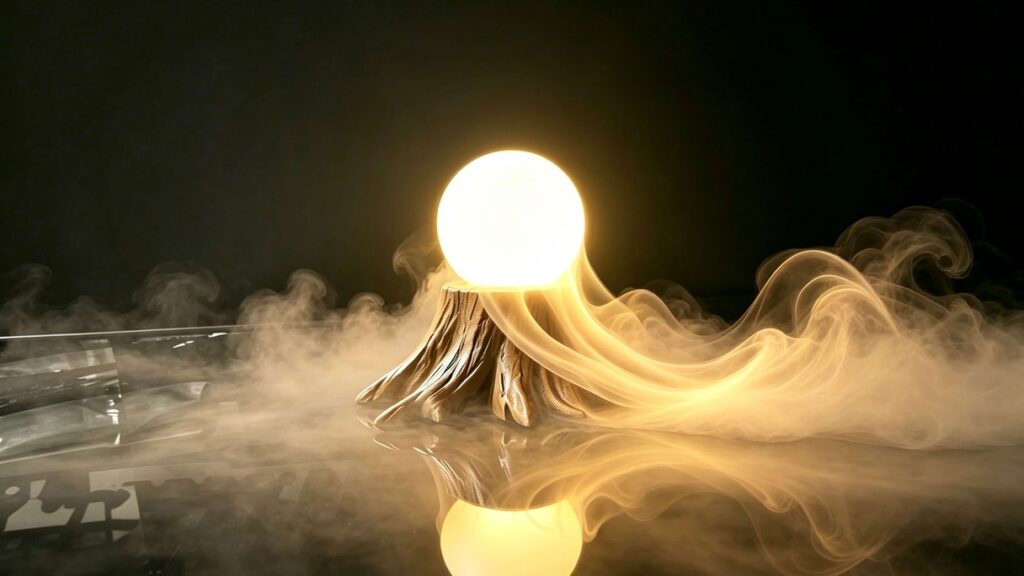 Magic lamp glowing amber with smoke rolling across the table