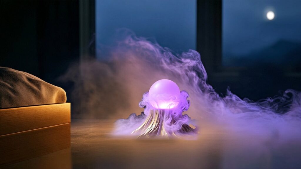 Magic lamp lit violet on a bedside floor at dusk