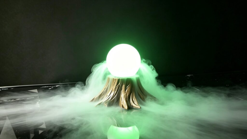 Magic lamp glowing green with smoke flowing down over the base