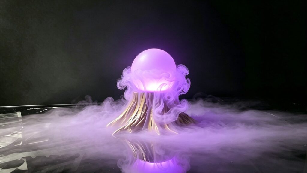 Magic lamp glowing violet in heavy smoke