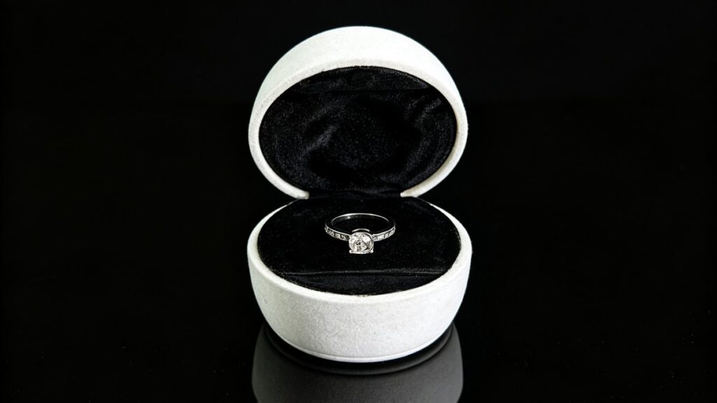 Proposal ring box with the ring on the velvet