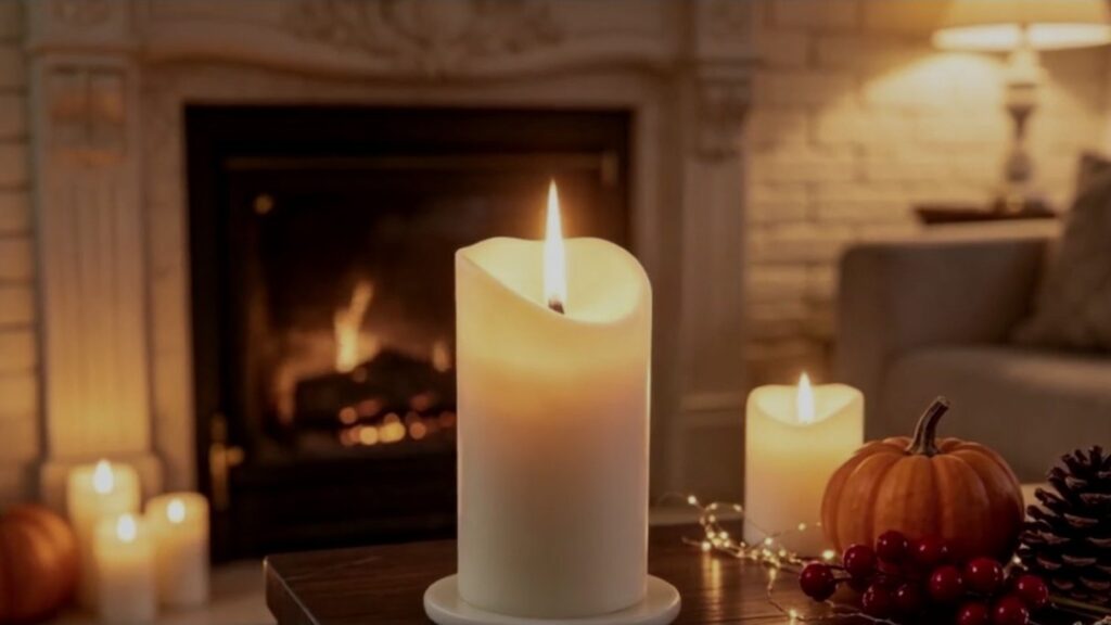 Self lighting candle with a real flame beside a fireplace