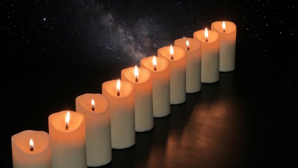 Ten self lighting candles lit in a row